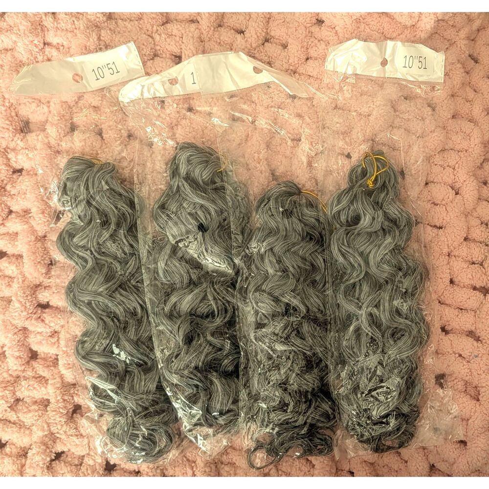10" Grey Crochet Curly Synthetic Hair Extensions 4 Pack Water Wave Box Braid New